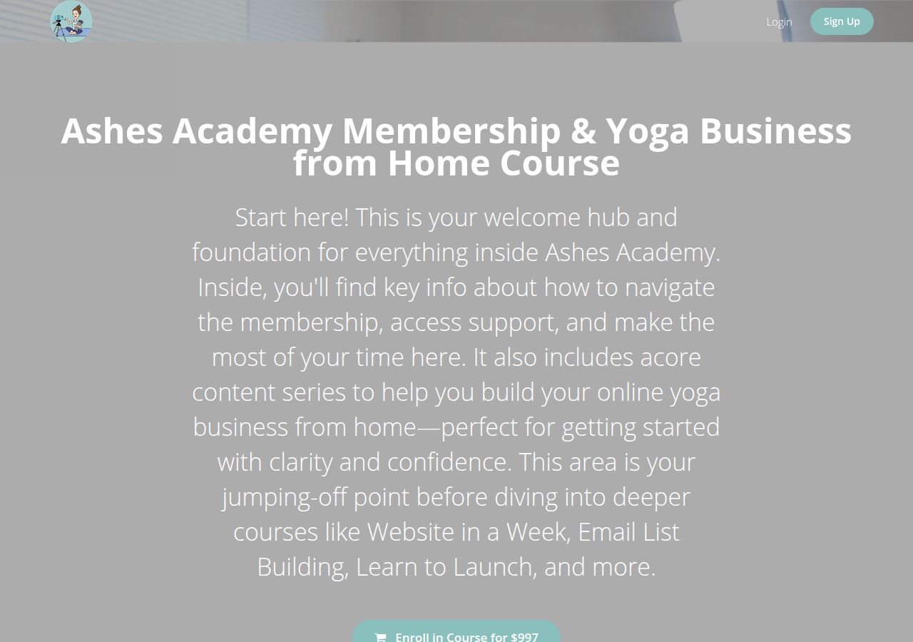 Screenshot of Ashes Academy Membership & Yoga Business from Home Course course page