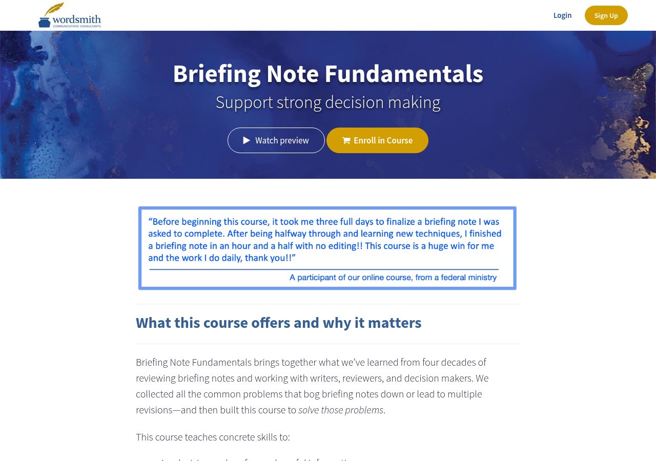 Screenshot of Briefing Note Fundamentals - Wordsmith Communications course page