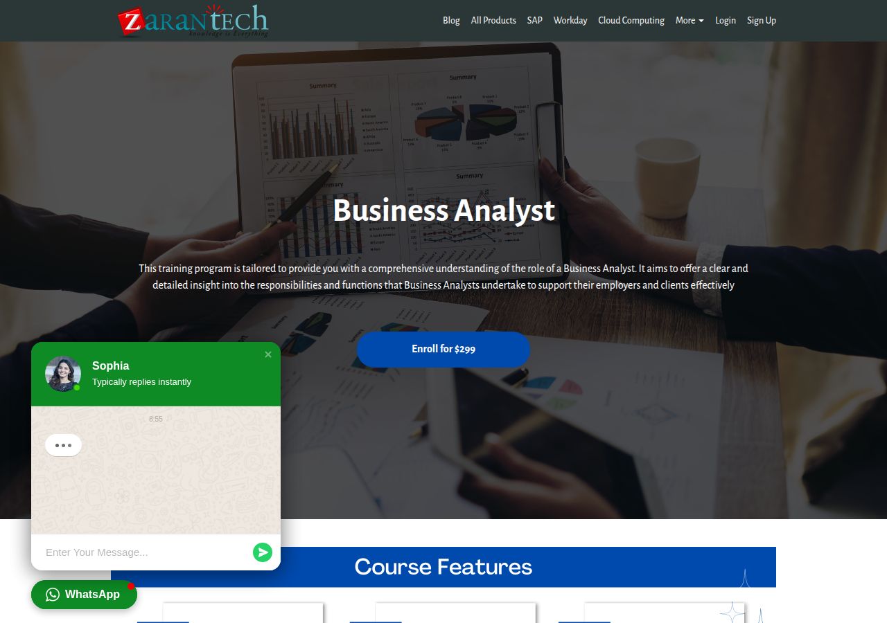 Screenshot of Business Analyst Training | ZaranTech course page