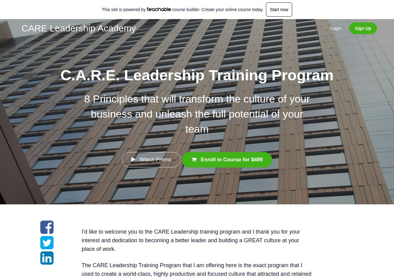 Screenshot of CARE Leadership Academy: C.A.R.E. Leadership Training Program course page