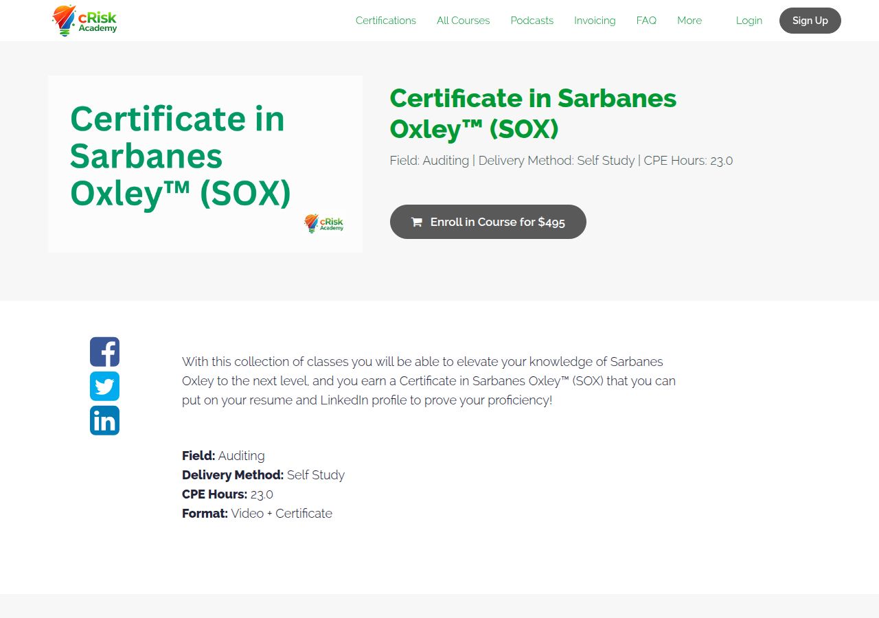 Screenshot of Certificate in Sarbanes Oxley™ (SOX) - cRisk Academy course page