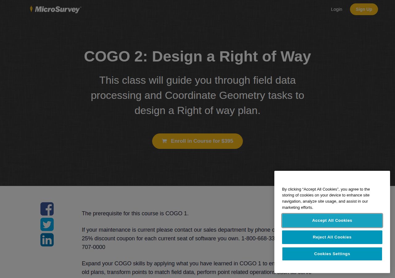 Screenshot of COGO 2: Design a Right of Way | MicroSurvey School course page