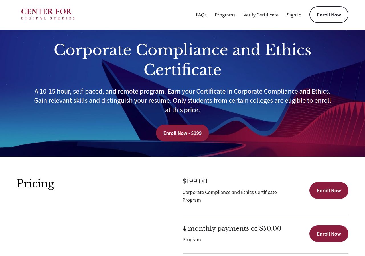 Screenshot of Corporate Compliance and Ethics Certificate course page