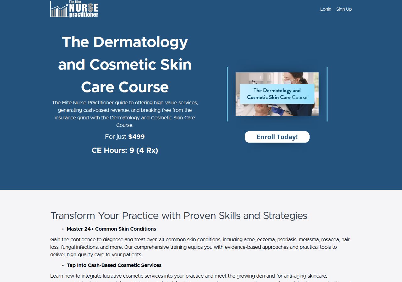 Screenshot of Dermatology & Cosmetic Skincare Course for Nurse Practitioners course page