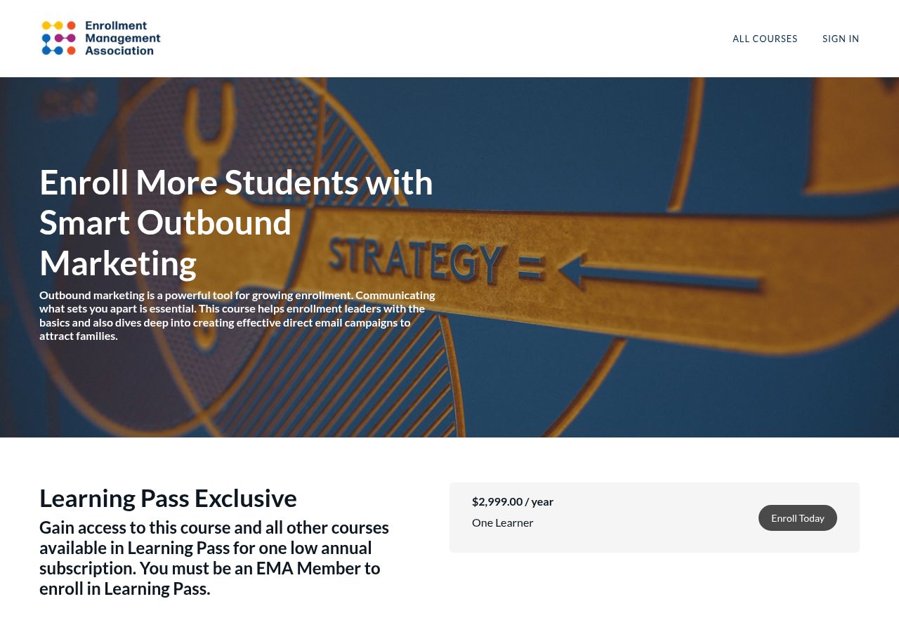 Screenshot of Enroll More Students with Smart Outbound Marketing - Learning Pass course page