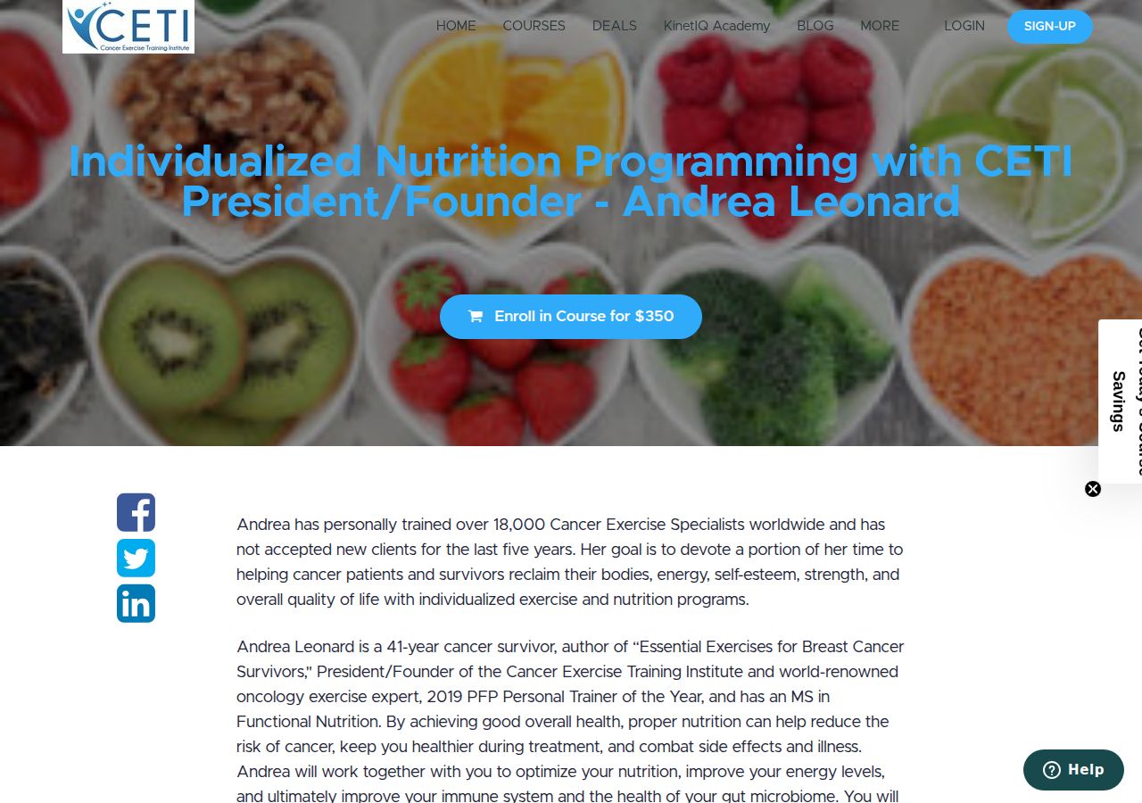 Screenshot of Individualized Nutrition Programming with CETI President/Founder - course page