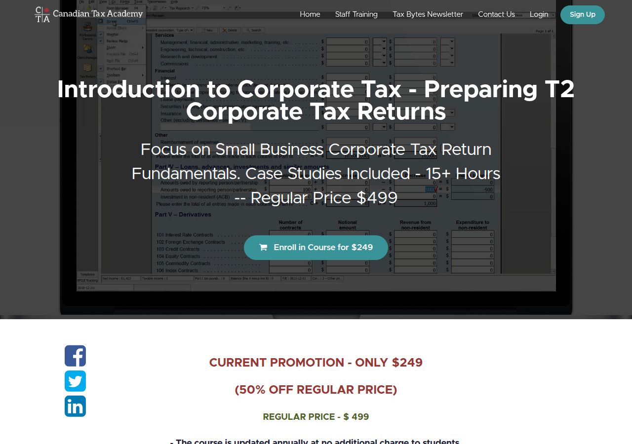 Screenshot of Introduction to Corporate Tax - Preparing T2 Tax Returns | Canadian course page