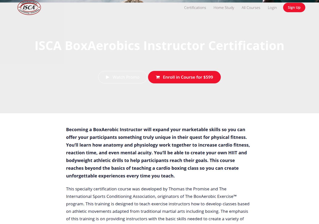 Screenshot of ISCA Boxaerobics Instructor Certification course page