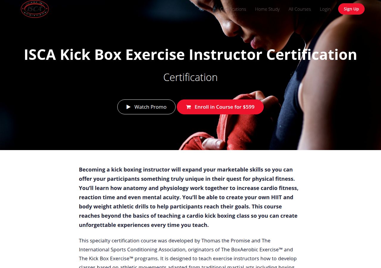 Screenshot of ISCA Kick Box Exercise Instructor Certification course page