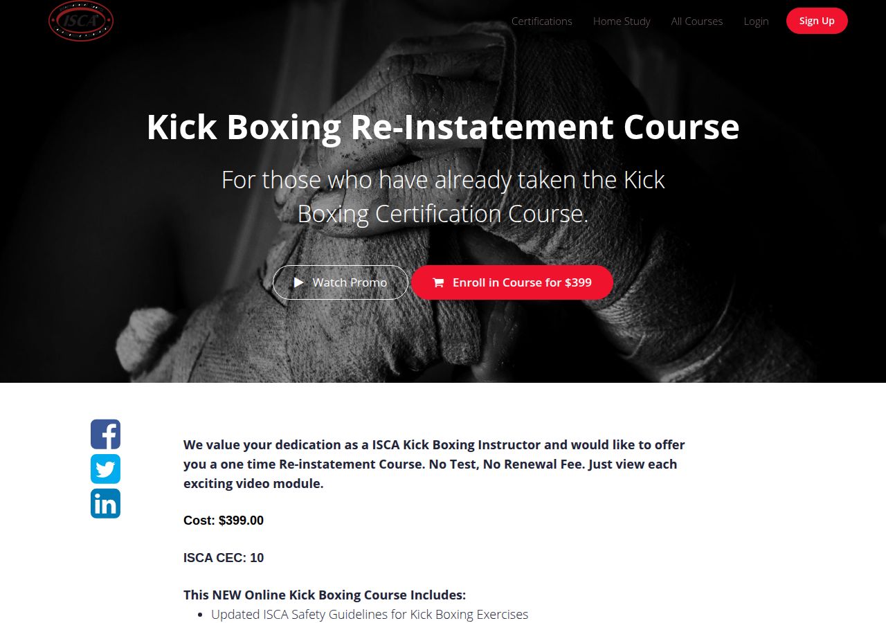 Screenshot of Kick Boxing Re-Instatement Course | ISCA - International Sports course page