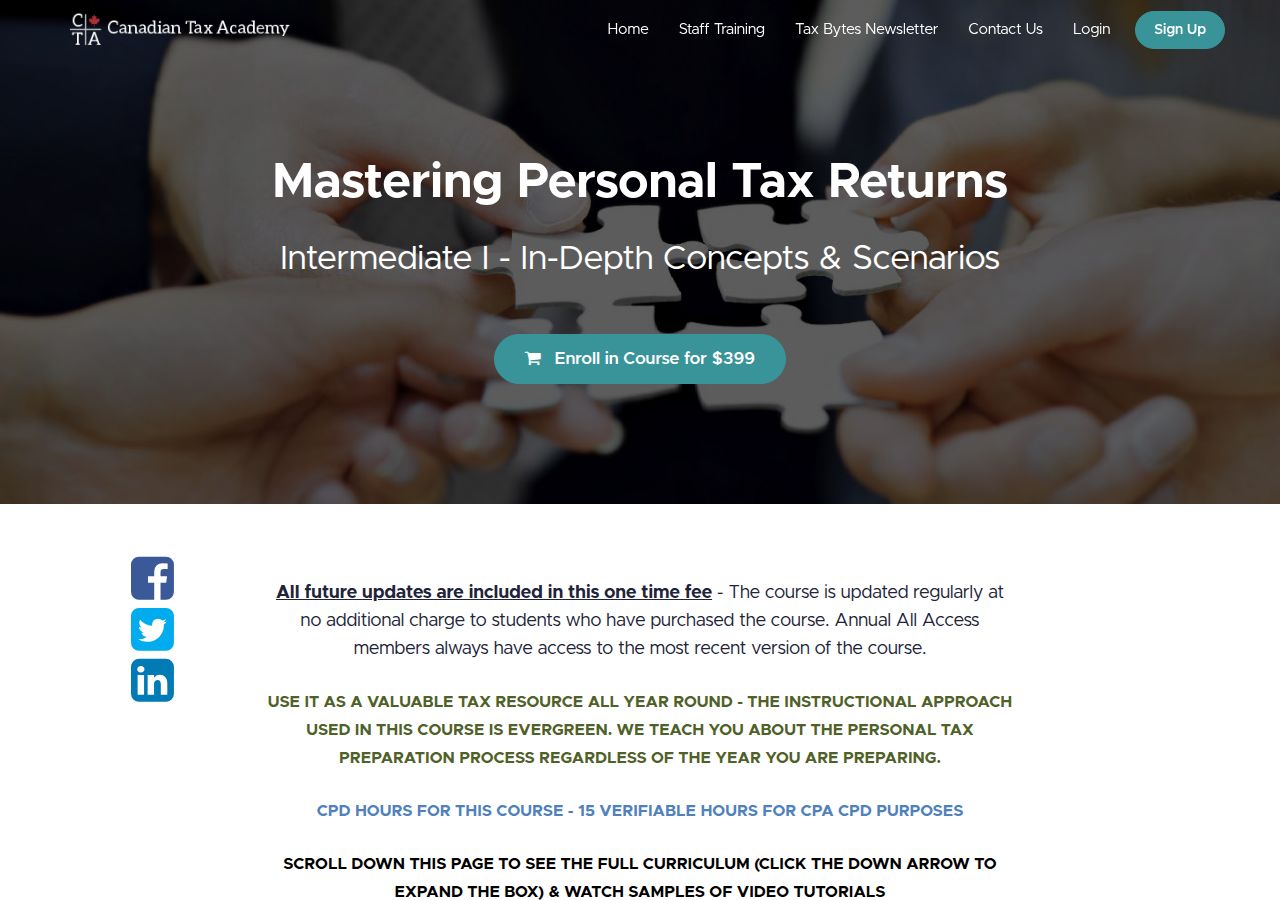 Screenshot of Mastering Personal Tax Returns | Canadian Tax Academy course page