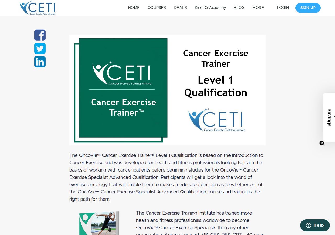 Screenshot of OncoVie® Cancer Exercise Trainer - Level 1 Qualification course page