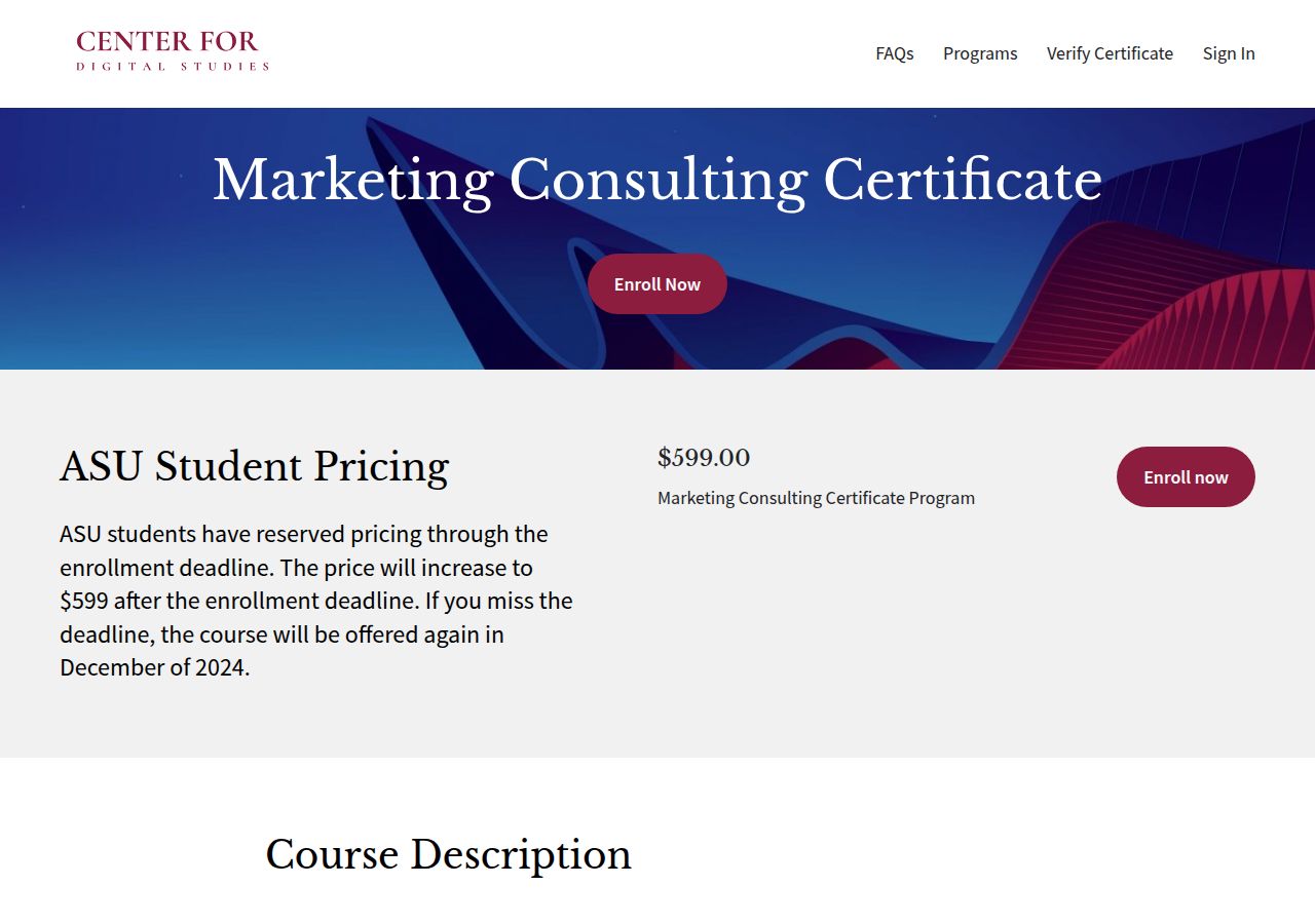 Screenshot of Public: Marketing Consulting Certificate - Center for Digital Studies course page