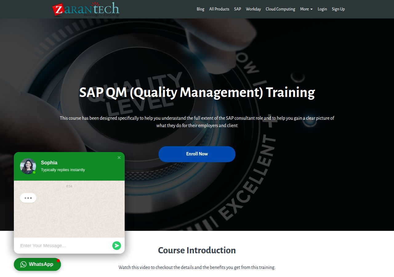 Screenshot of SAP QM (Quality Management) Training - ZaranTech course page