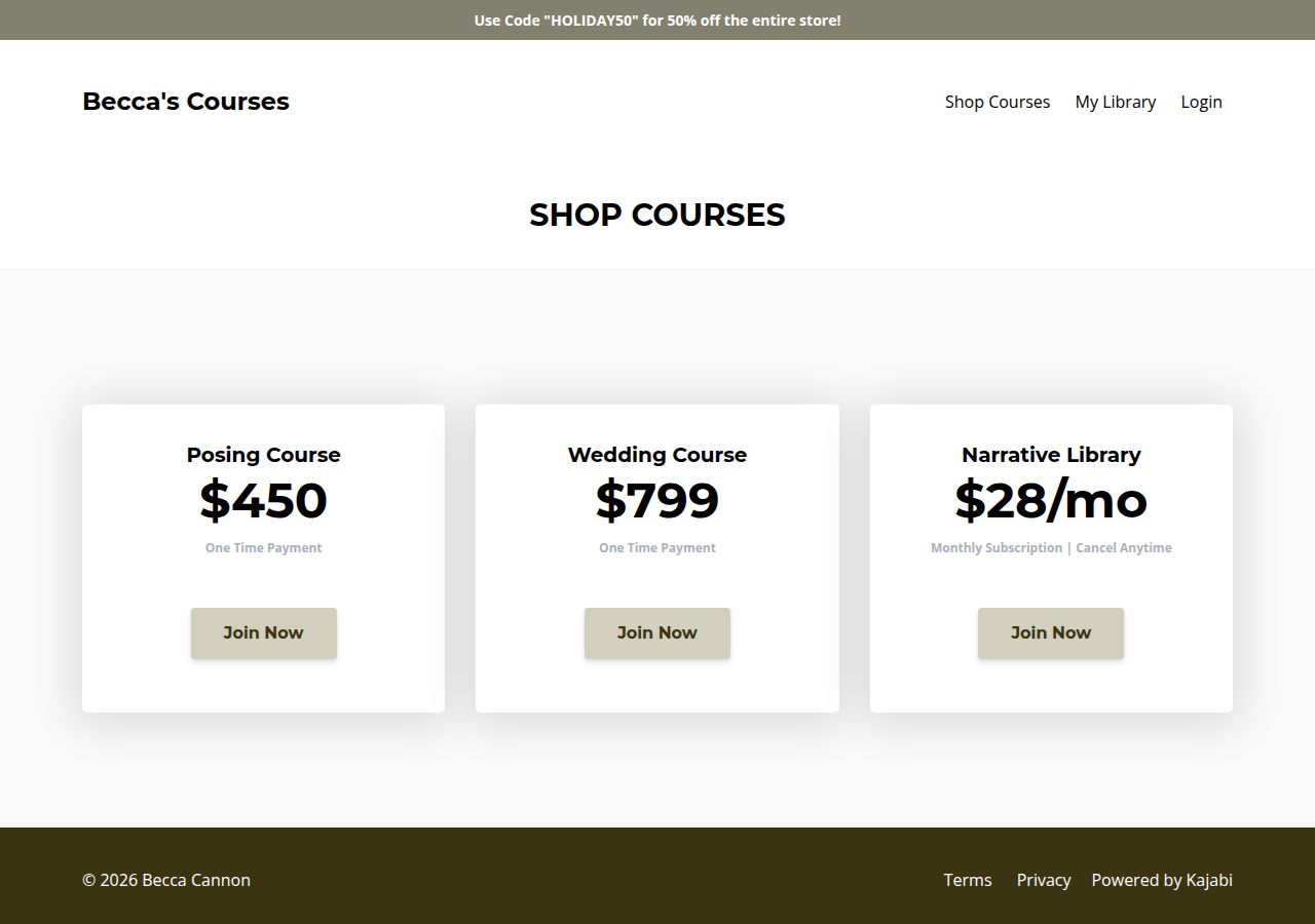 Screenshot of Shop Courses course page