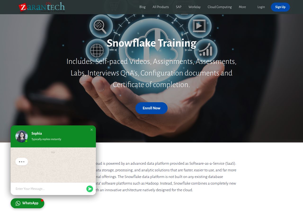Screenshot of Snowflake Training | ZaranTech course page