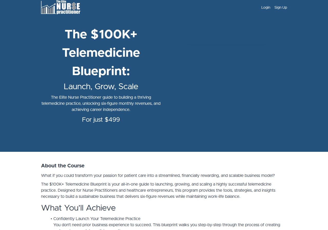 Screenshot of The $100K+ Telemedicine Blueprint: Launch, Grow, Scale | The Elite course page