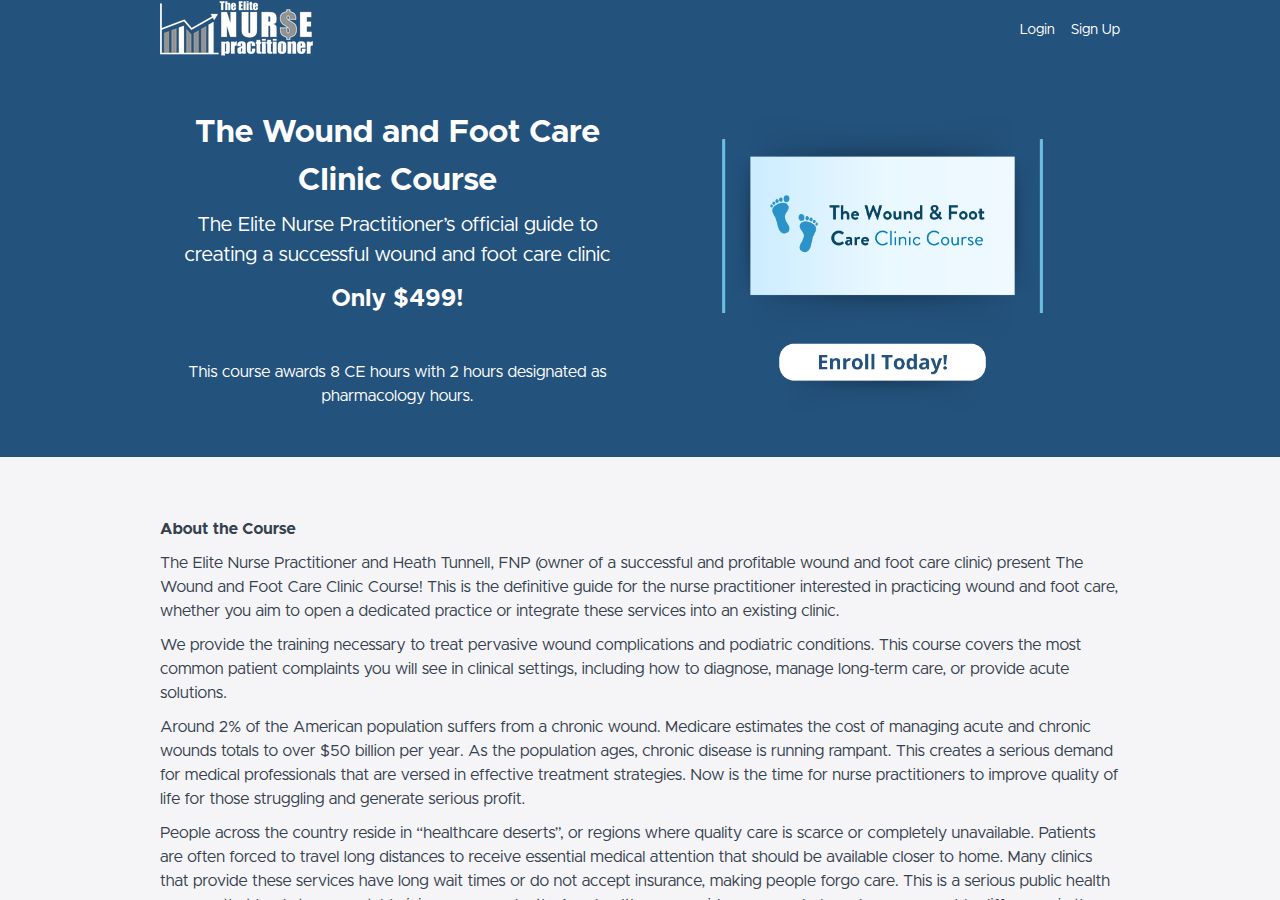 Screenshot of Wound & Foot Care Clinic Course for Nurse Practitioners | Elite NP | T course page